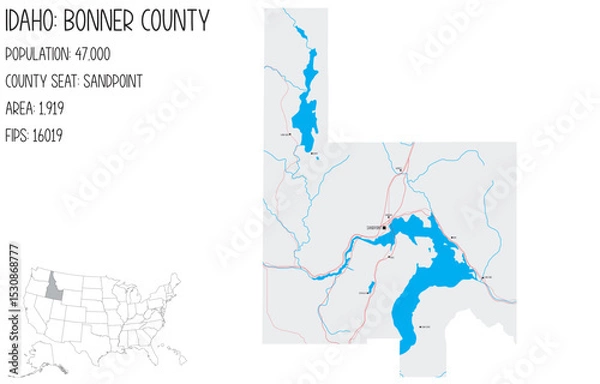 Obraz Large and detailed map of Bonner County in Idaho, USA.
