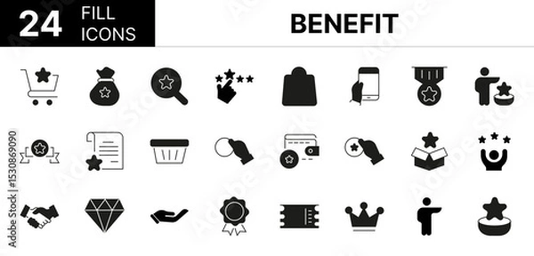 Fototapeta Collection of 24 Benefit fill icons featuring editable strokes. These outline icons depict various modes of Benefit, reward, star, gift, bonus, line, loyalty, vector, incentive, coupon, money, winner,
