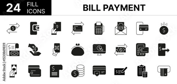 Fototapeta Collection of 24 Bill Payment fill icons featuring editable strokes. These outline icons depict various modes of Bill Payment, payment, finance, bill, money,
