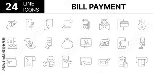 Fototapeta Collection of 24 Bill Payment line icons featuring editable strokes. These outline icons depict various modes of Bill Payment, payment, finance, bill, money,
