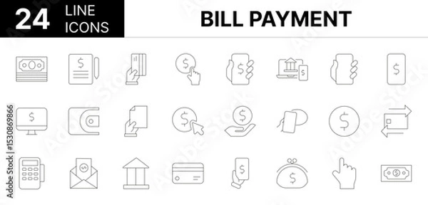Fototapeta Collection of 24 Bill Payment line icons featuring editable strokes. These outline icons depict various modes of Bill Payment, payment, finance, bill, money,
