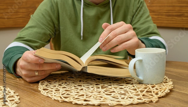 Obraz A man is sitting in a cafe and reading a book