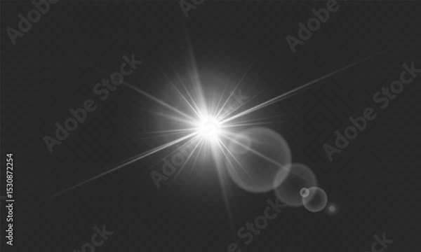 Fototapeta PNG glow isolated white sunlight effect. Transparent sun flare with bright lens glare, sparkles, and light leaks for overlays and digital design.