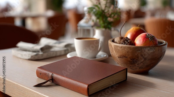 Obraz Cozy cafe setting featuring journal, cup of coffee, and bowl of fresh fruits, creating warm and inviting atmosphere