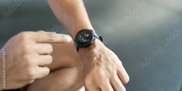Fototapeta Smartwatch Usage. Man interacting with fitness watch after workout.