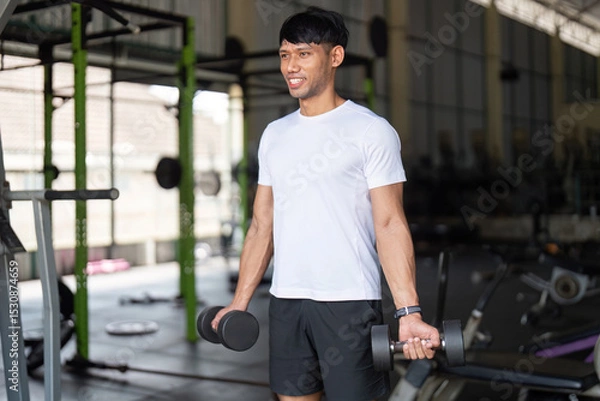 Fototapeta Fitness and Performance. Young man exercising with dumbbells in gym.