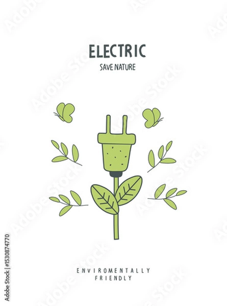 Obraz Vector illustration of Environmentally friendly planet. Hand drawn cartoon sketch of of Energy saving eco lamp. LED lamp with green leaf. Alternative green energy concept. Sustainable lifestyle.