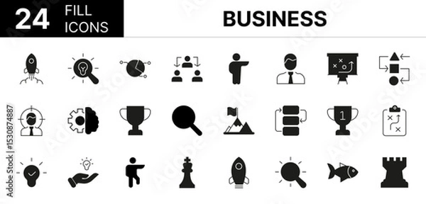 Fototapeta Collection of 24 Business fill icons featuring editable strokes. These outline icons depict various modes of Business, strategy, set, line, team, target, plan, outline, goal, puzzle, thin, people, sol