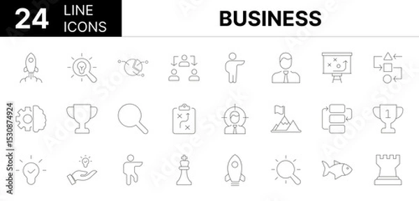 Fototapeta Collection of 24 Business line icons featuring editable strokes. These outline icons depict various modes of Business, strategy, set, line, team, target, plan, outline, goal, puzzle, thin, people, sol