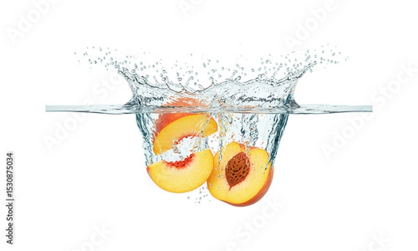 Obraz Peach Splash: Capturing the refreshing essence of summer, ripe peach halves plunge into clear water, creating a dynamic splash. A burst of flavor and the promise of refreshment, all in a single.