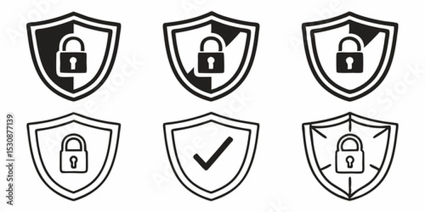 Fototapeta Collection of six security shield icons with varying lock and checkmark symbols displayed in black design vector
