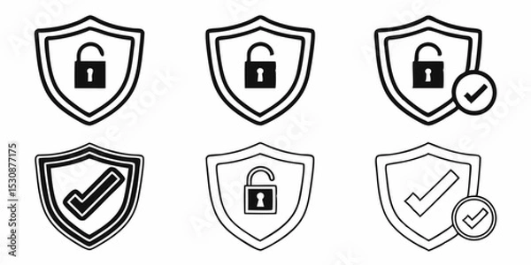 Fototapeta Illustration of security shields with open padlock and check mark in black and white security icons set design vector