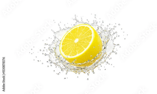 Obraz Zesty Burst: A single lemon halves creates a dynamic splash of water, revealing its juicy interior and refreshing essence, all captured in a photorealistic image