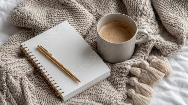 Obraz Cozy blanket, notebook, pen, and coffee cup create warm atmosphere for planning and reflection