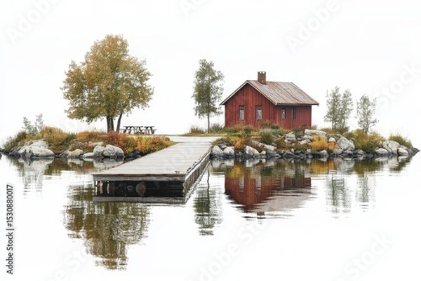 Fototapeta Luxury waterfront home at Lake Martin with wooden pier, tile roof, green lawn, wooded backdrop, and boats on dock on a cloudy day