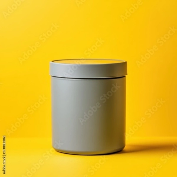 Fototapeta One gray plastic round box on a yellow background, space for text. Blank for a layout