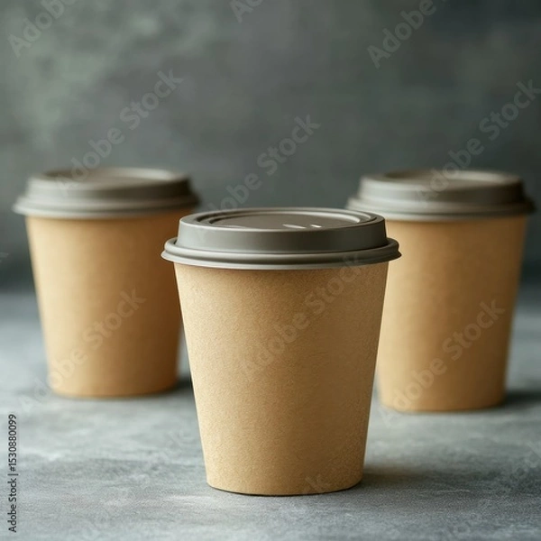 Fototapeta Paper cups with lids on a gray background. Blank for a mockup