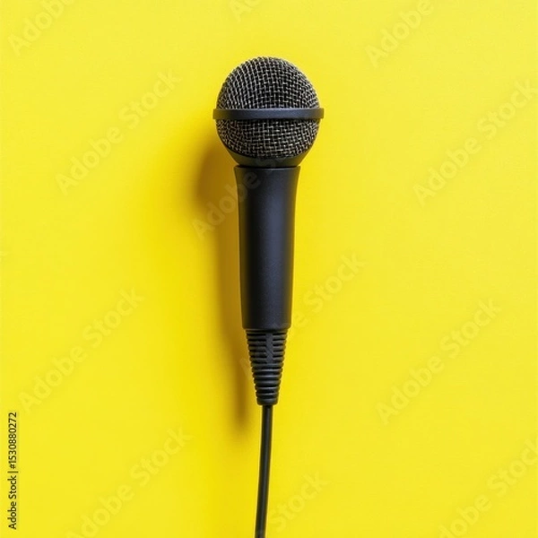 Fototapeta Microphone on yellow background, closeup. Space for text