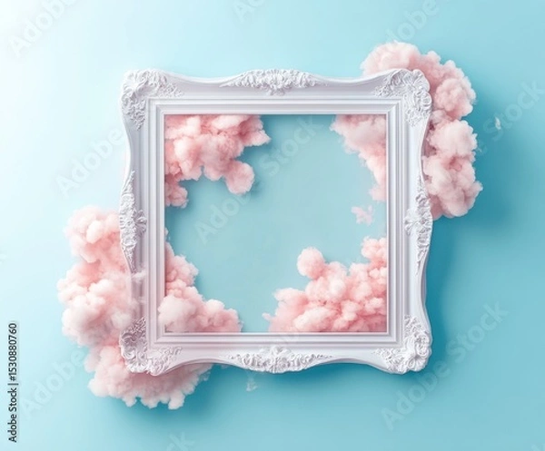 Fototapeta White vintage frame on pastel blue background with abstract pink clouds