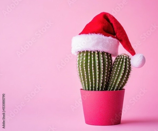Fototapeta Tropical summer cactus in Santa hat on pink background with space for text