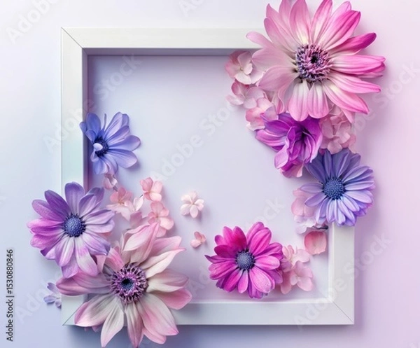 Fototapeta Flowers in white frame. Spring minimalist concept.