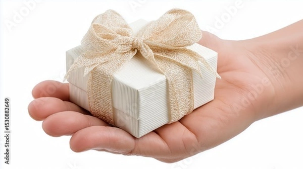 Obraz Hand holding gift box isolated on a white background.