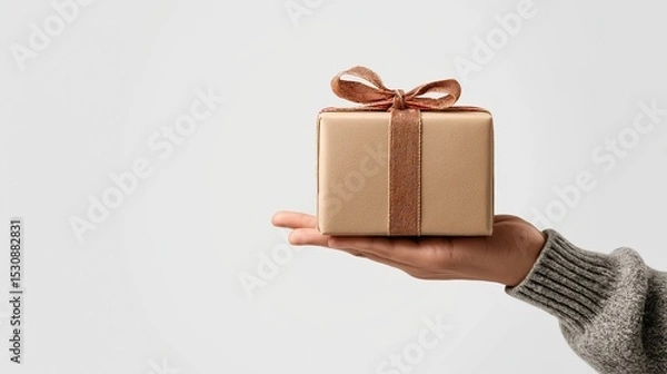 Obraz Hand holding gift box isolated on a white background.