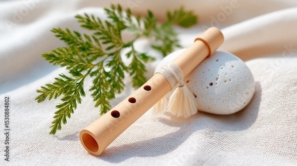 Fototapeta Wooden flute resting on a soft, white fabric with a sprig of greenery.
