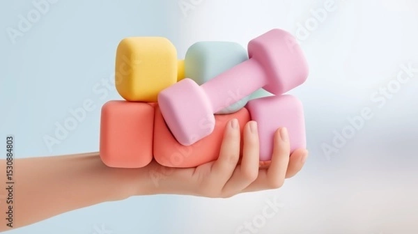 Fototapeta Pastel-colored weights held gently in a hand.