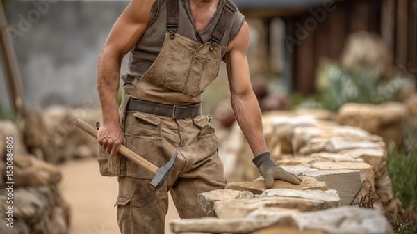 Fototapeta A male stonemason, working intently on a stone wall.  He holds a hammer, showcasing his skill and strength.