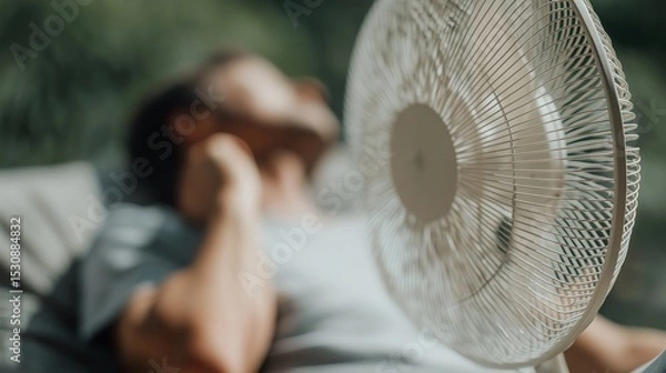 Fototapeta Man relaxes on a couch, enjoying the cool breeze of a fan on a hot day.