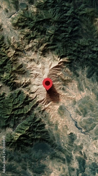 Fototapeta Red location pin on a detailed terrain map.