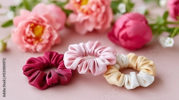 Fototapeta Three pastel scrunchies rest amongst pink peonies. Soft colors and textures.