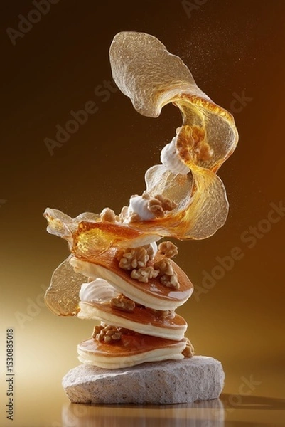 Fototapeta Stacked pancakes with walnuts and caramel sauce, artfully arranged.