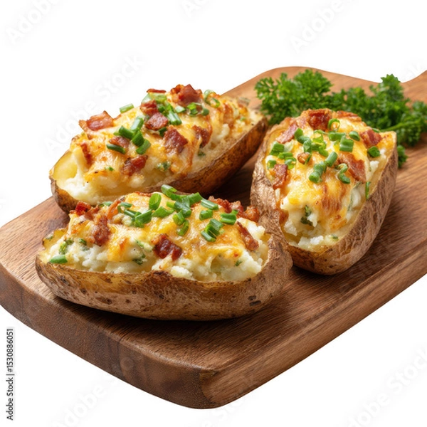 Obraz Three baked potatoes with cheese bacon and chives served on a wooden cutting board isolated on black