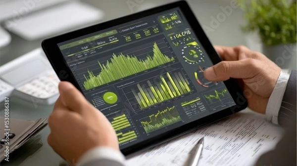 Obraz Green finance strategy visualized through ESG performance dashboard on business tablet..