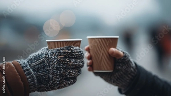 Obraz Hands of two men lifting takeaway cups together in relaxed winter environment..