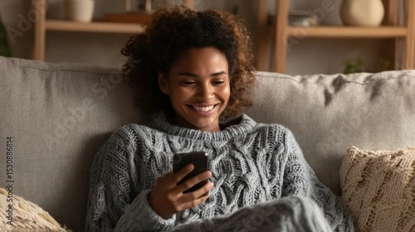 Obraz Happy young woman sitting on cozy couch, smiling while browsing her smartphone and enjoying online shopping..