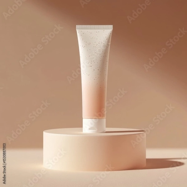 Fototapeta Tube of cosmetic product on podium on beige background, with space for text