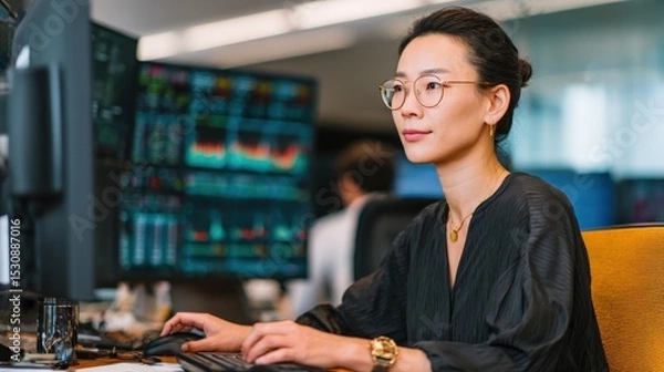 Obraz In modern corporate office, Asian businesswoman working on desktop computer, analyzing company data and strategy..