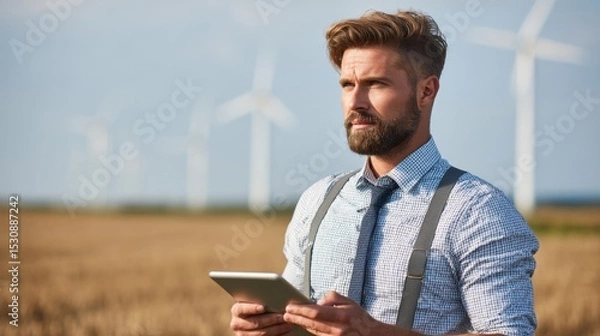 Obraz Man in smart casual gear at renewable energy field, using tablet, wind turbines in background..