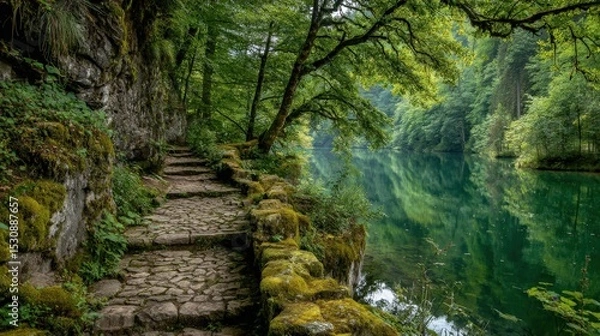 Obraz Natural spring landscape with vivid green trees, calm lake, and textured stone path in front..