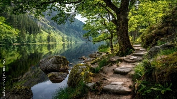 Obraz Natural spring landscape with vivid green trees, calm lake, and textured stone path in front..