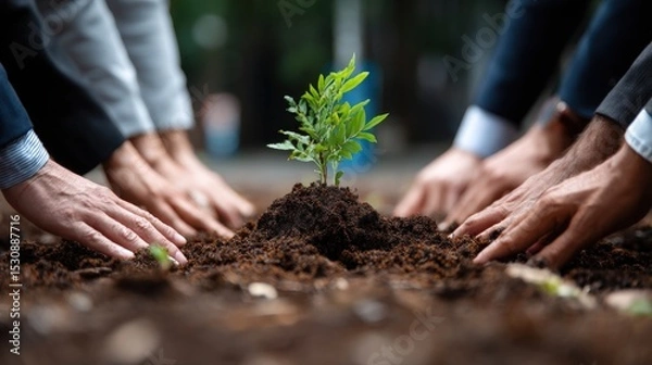 Obraz New beginnings shown through group planting activity, symbolizing corporate eco mission..