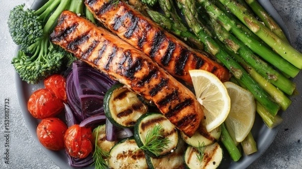Obraz Nutritious lunch plate of grilled salmon, vibrant veggies, and citrus wedge on clean background..
