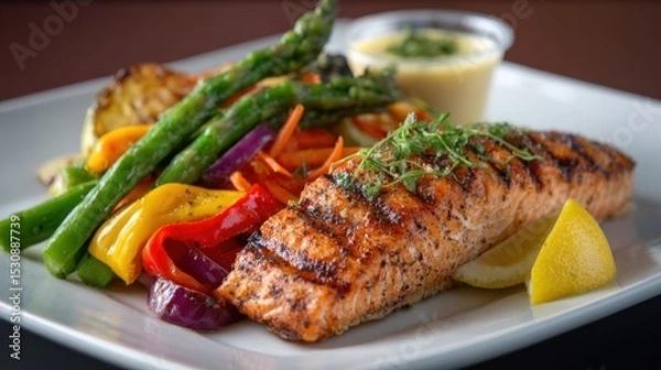 Obraz Nutritious lunch plate of grilled salmon, vibrant veggies, and citrus wedge on clean background..