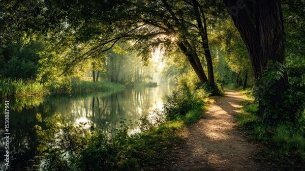Obraz Peaceful natural park with sunlight filtering through green leaves and a calm lake by the path..