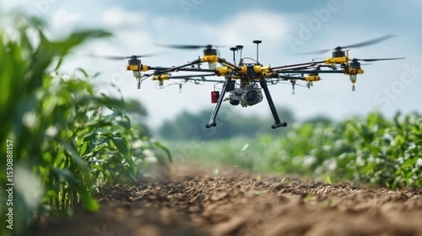 Obraz Precision farming drone in flight over corn plantation applying fertilizer with accuracy..
