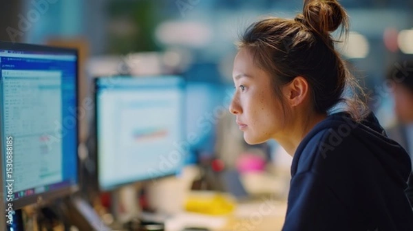 Obraz Professional Asian woman focused on desktop screen, managing business operations in diverse office..