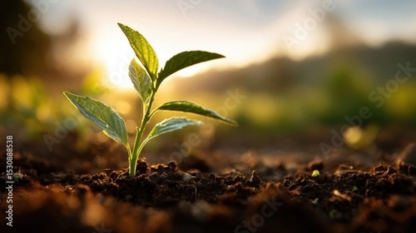 Obraz Save the planet theme with close-up of new plant growing in fertile soil during sunrise..